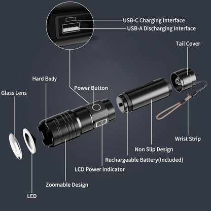 Rechargeable 50,000 lumen flashlight, long range, ultra-bright USB-C LED, long battery life, 5 modes, powerful zoomable flashlights, for emergencies, hiking and camping. - Image 3