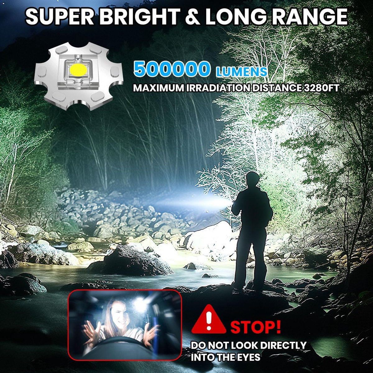 Rechargeable 50,000 lumen flashlight, long range, ultra-bright USB-C LED, long battery life, 5 modes, powerful zoomable flashlights, for emergencies, hiking and camping. - Image 4