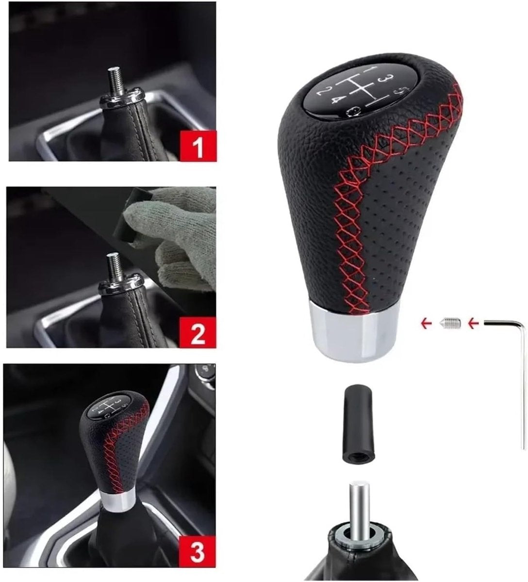 Gear shift lever - Manual gear shift lever - 5-speed transmission - Gear shift lever - Manual transmission - Black leather stitching - Universal gear shift lever (black) - Image 3