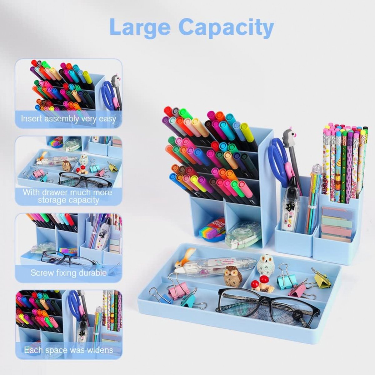 Pencil Case - 13 Compartments - Pen Holder - Desk Organizer - Pencil Holder - Desk Organizer - Pen Case - Plastic - Removable - Storage System - Mail Tray - Office Baby Clothing Accessories - Blue - Image 3