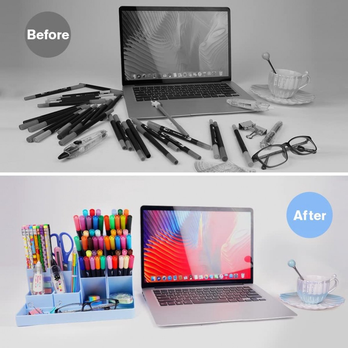 Pencil Case - 13 Compartments - Pen Holder - Desk Organizer - Pencil Holder - Desk Organizer - Pen Case - Plastic - Removable - Storage System - Mail Tray - Office Baby Clothing Accessories - Blue - Image 6