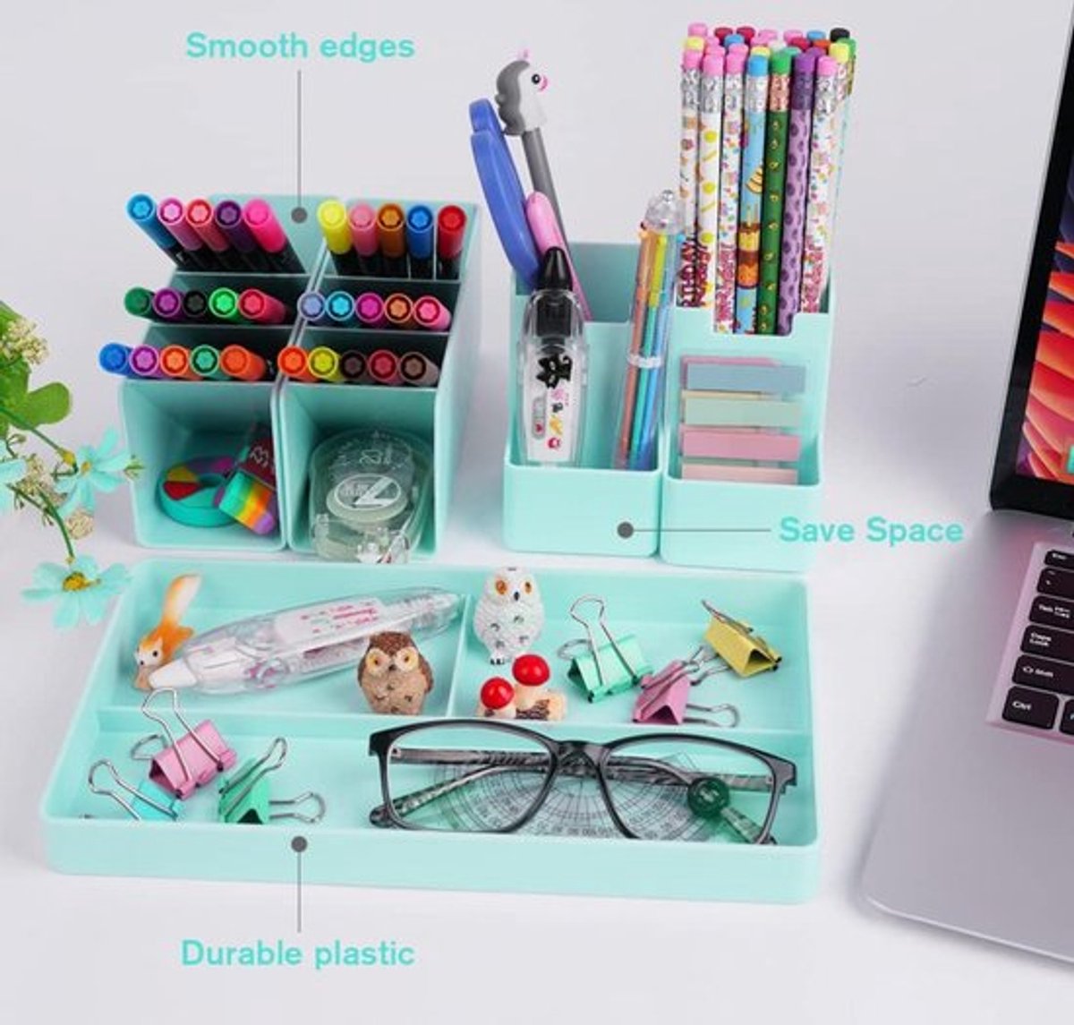 Pencil case - 13 compartments - Pencil holder - Desk organizer - Pencil holder - Desk organizer - Pen case - Plastic - Removable - Storage system - Mail tray - Office baby clothing accessories - Green - Image 9