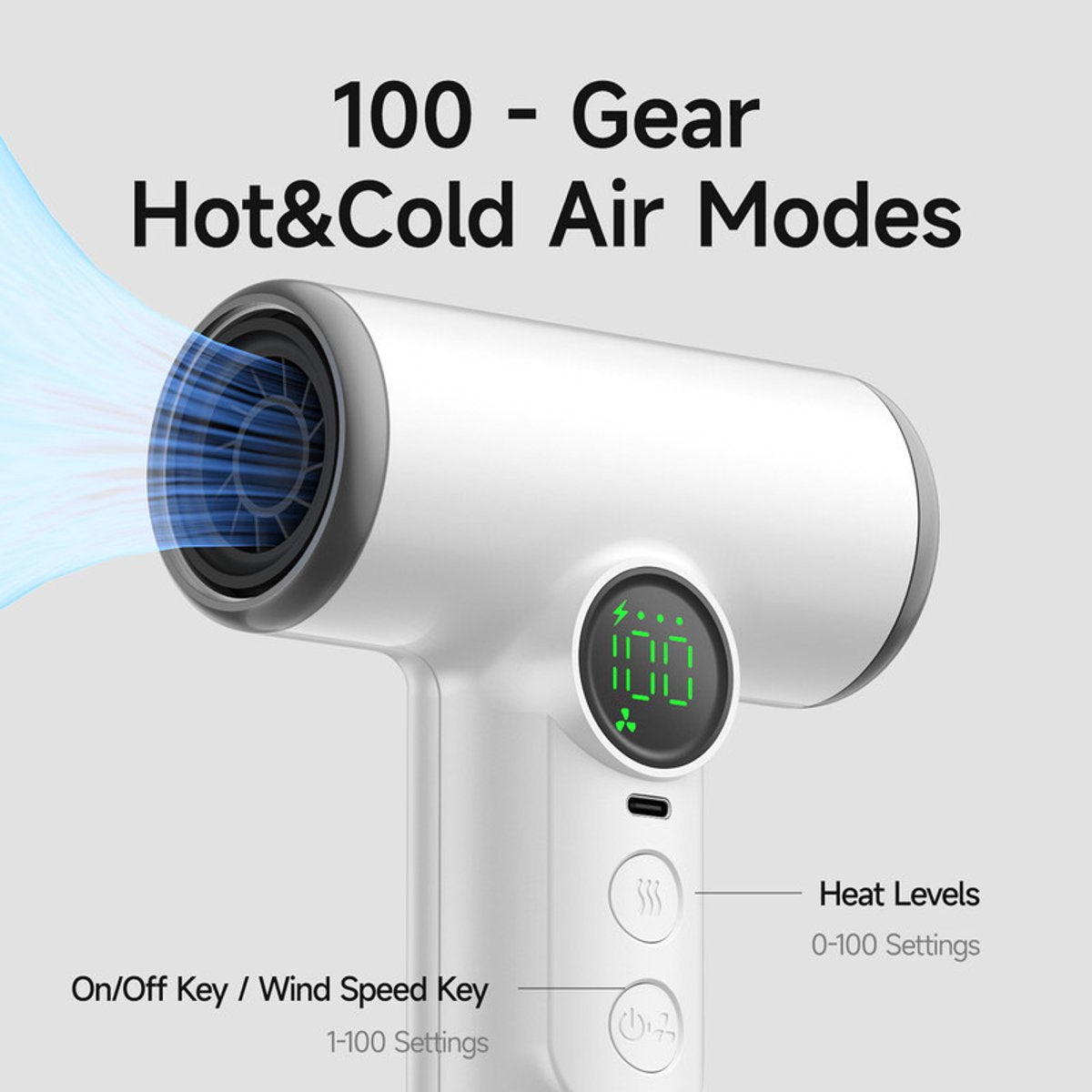 Professional cordless hair dryer - 3 speeds and 3 temperatures, USB rechargeable battery, 200W, portable with digital display for women, beach and camping - Image 7