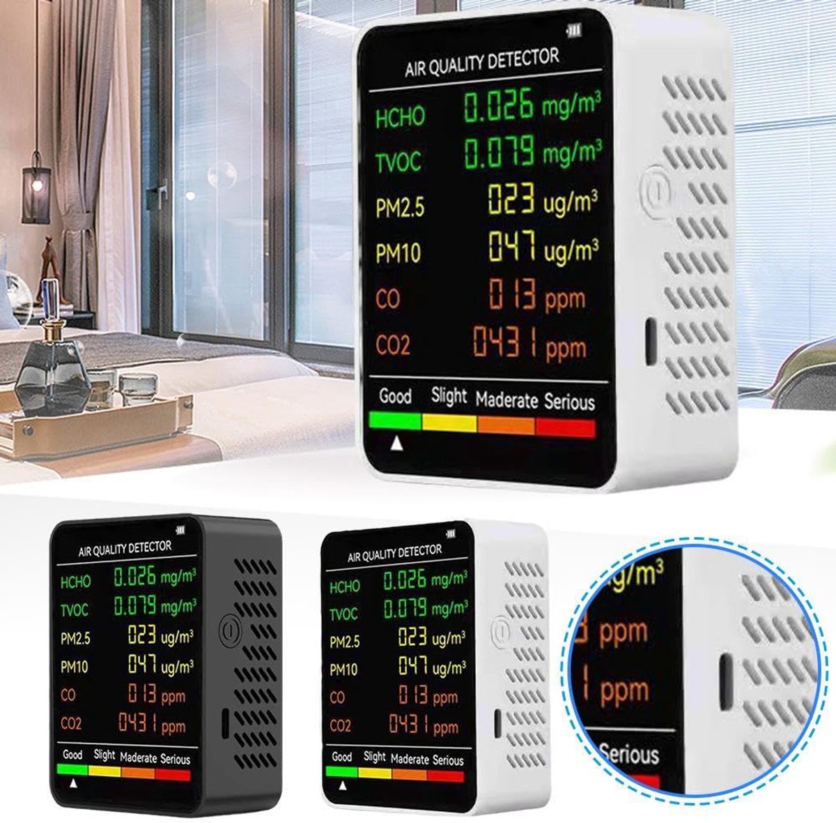 Air Quality Monitor - 6 Functions - Detects PM2.5, PM10, HCHO, TVOC, CO, CO2 - Suitable for monitoring indoor air, testing office spaces, inspecting car air, and monitoring the outdoor environment - Wit - Image 3