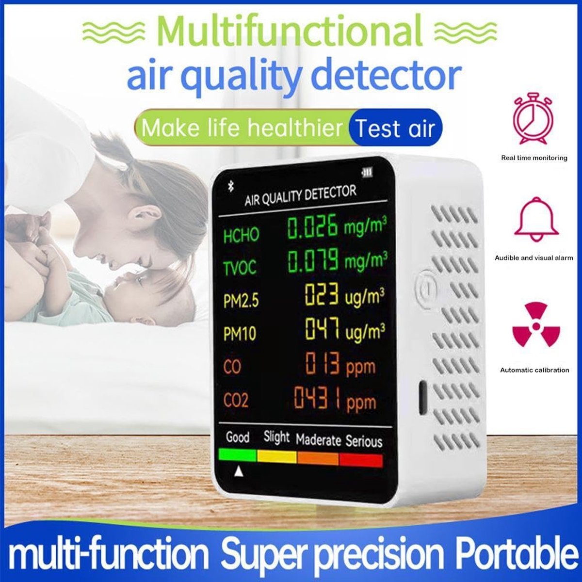 Air Quality Monitor - 6 Functions - Detects PM2.5, PM10, HCHO, TVOC, CO, CO2 - Suitable for monitoring indoor air, testing office spaces, inspecting car air, and monitoring the outdoor environment - Wit - Image 6