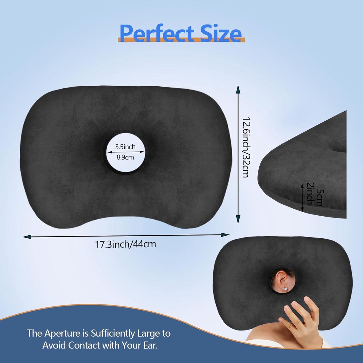 Curved side pillow - Ear holes - Adjustable cotton/polyester - Machine washable - Suitable for pierced ears - Black - Image 2