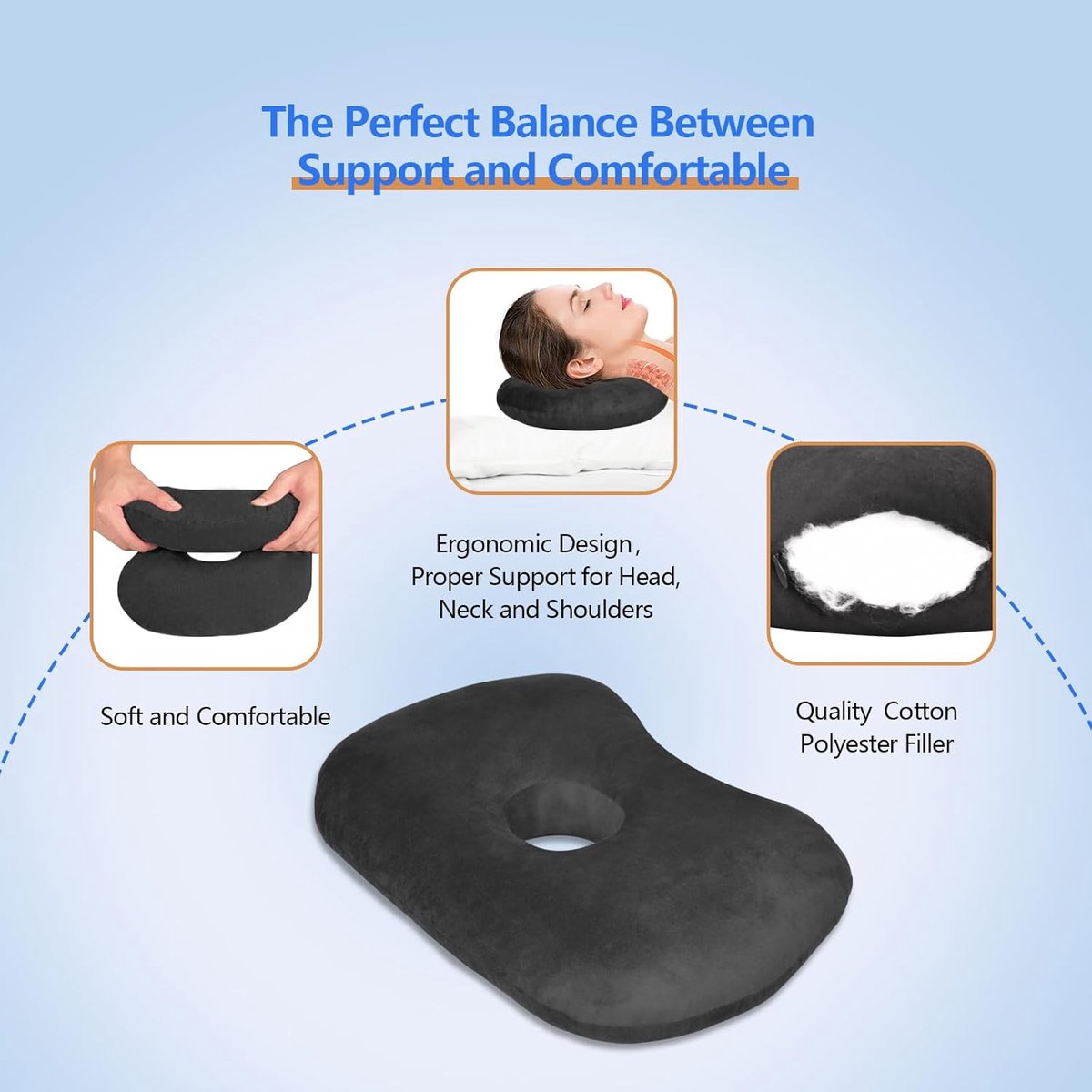 Curved side pillow - Ear holes - Adjustable cotton/polyester - Machine washable - Suitable for pierced ears - Black - Image 4