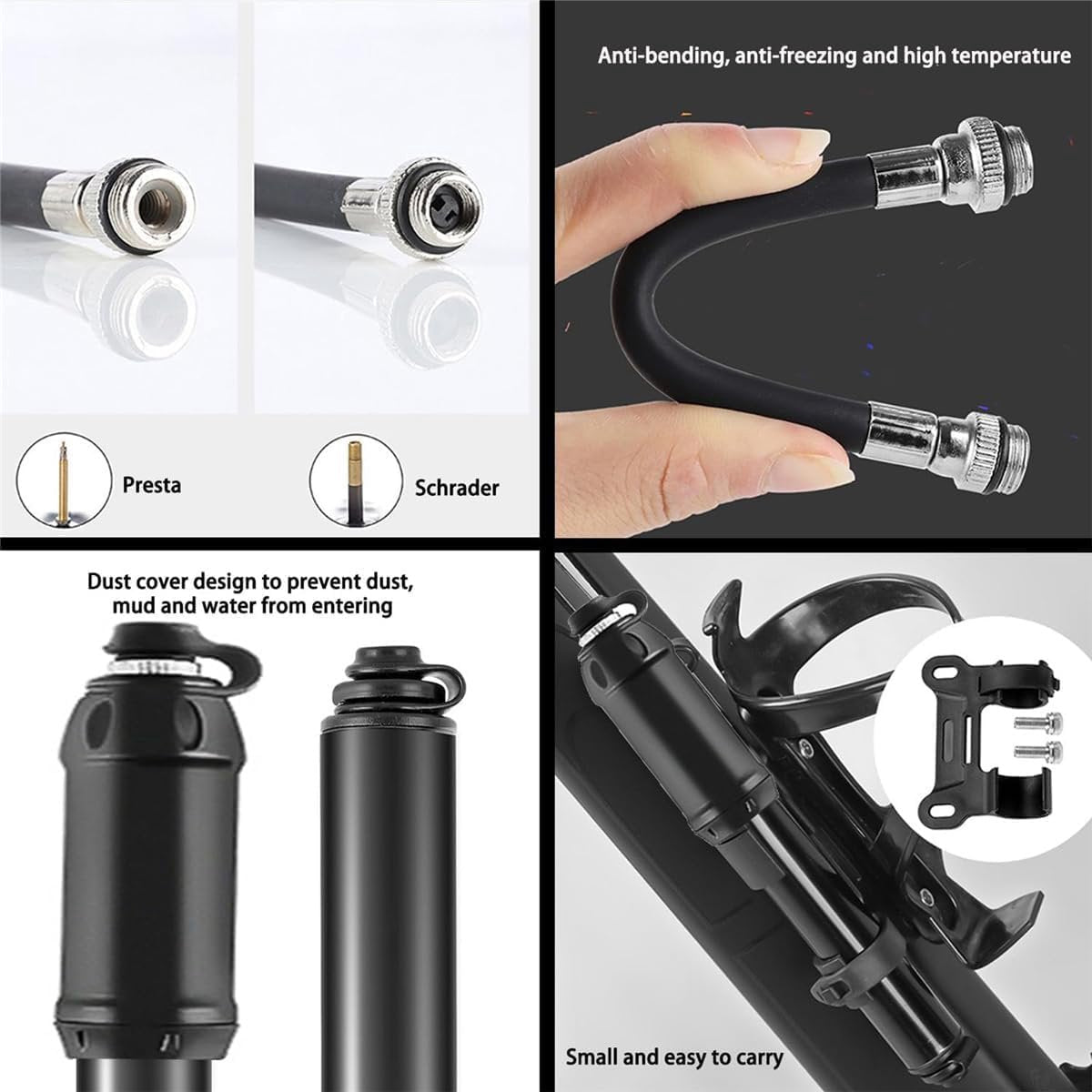 Hand Pump - Bicycle Pump - Mini Portable Bicycle Pump in Aluminum Alloy - ABS Flexible Hose - Lightweight - Up to 100 psi - Presta and Schrader Valves - Black - Image 3