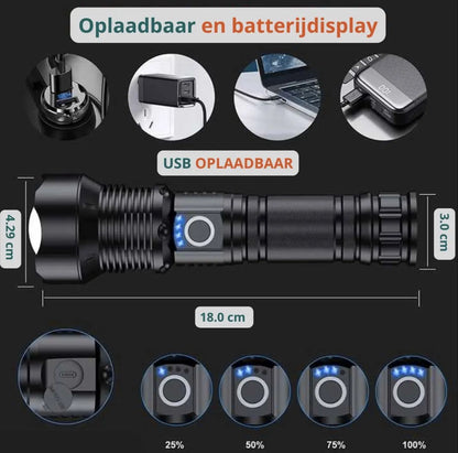 Waterproof and powerful LED flashlight - 10,000 lumens - 5 lighting modes - Rechargeable and zoomable - Long beam - Survival and outdoor use - Batteries included - USB-C rechargeable - Emergency kit - Camping - Image 5