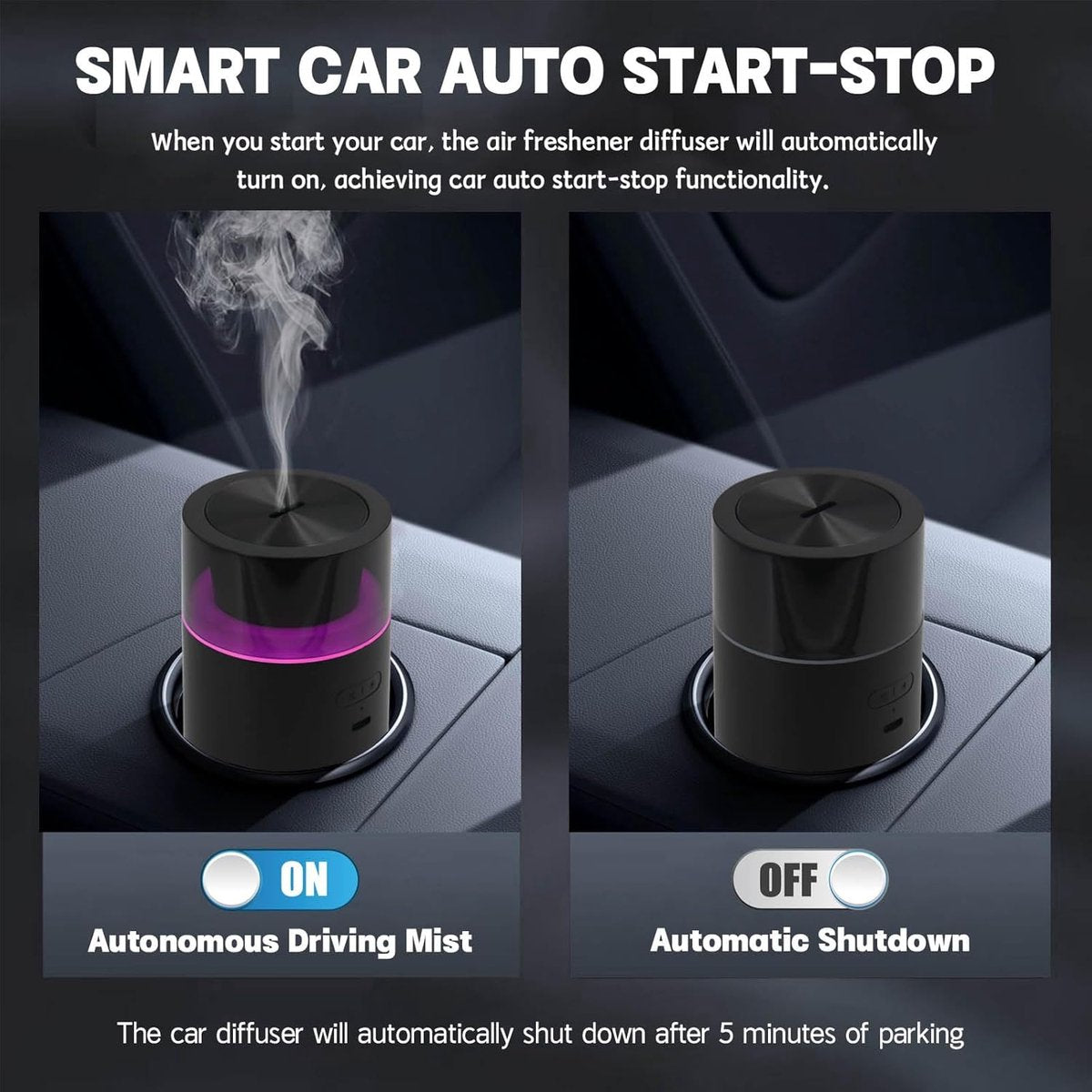 Car essential oil diffuser with automatic on/off function, portable humidifier with memory function, battery operated, with 8-color ambient light for car, home, office and travel (black) - Image 5