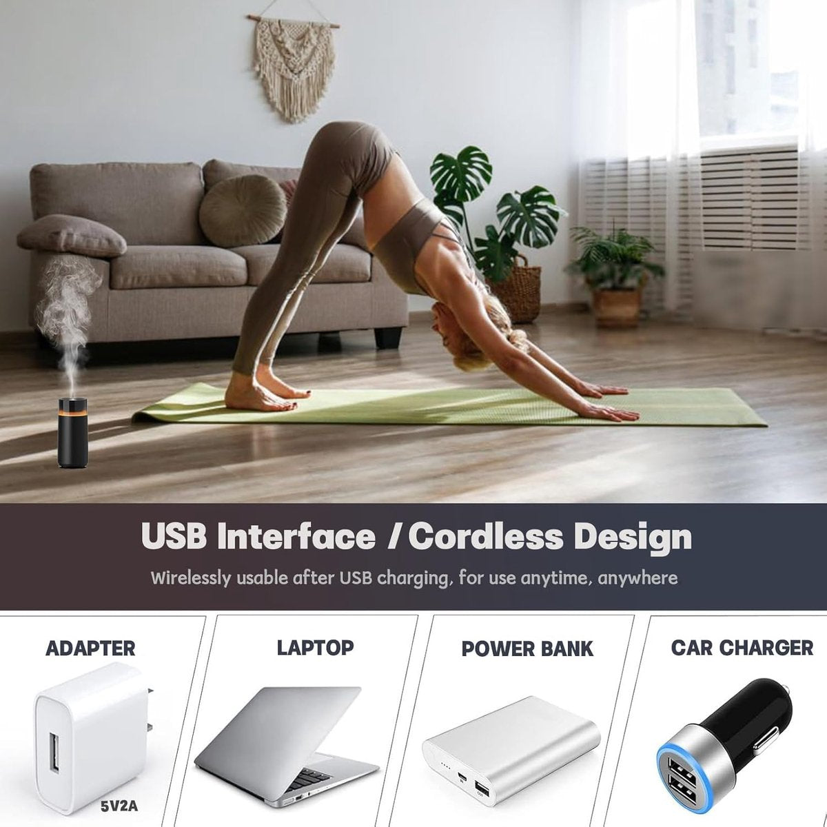 Car essential oil diffuser with automatic on/off function, portable humidifier with memory function, battery operated, with 8-color ambient light for car, home, office and travel (black) - Image 6