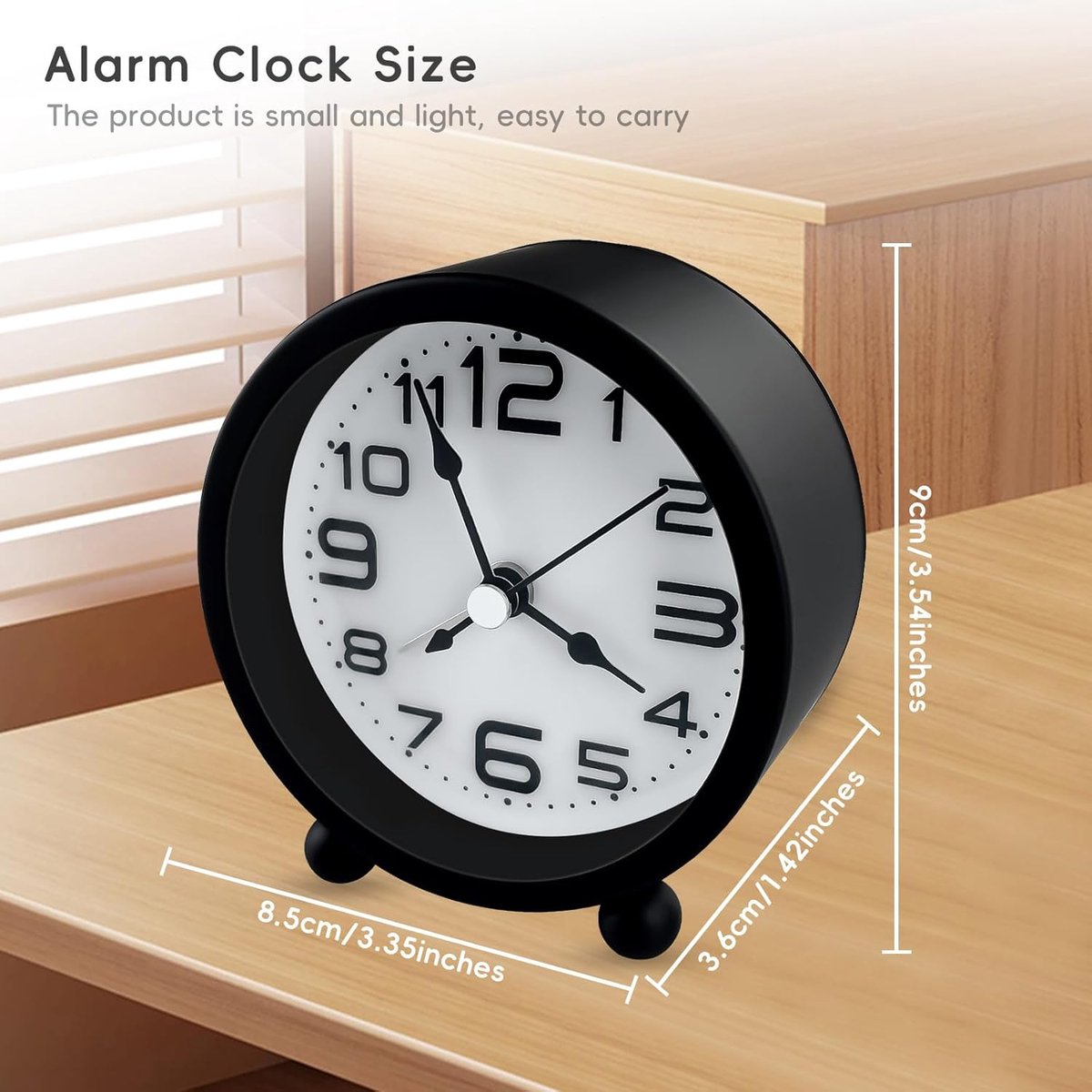 Wekker, analog, silent, no ticking, metal, black, large digits, silent night clock, quartz movement, sweep frequency, battery operated, portable alarm clock for bedroom, living room - Image 2