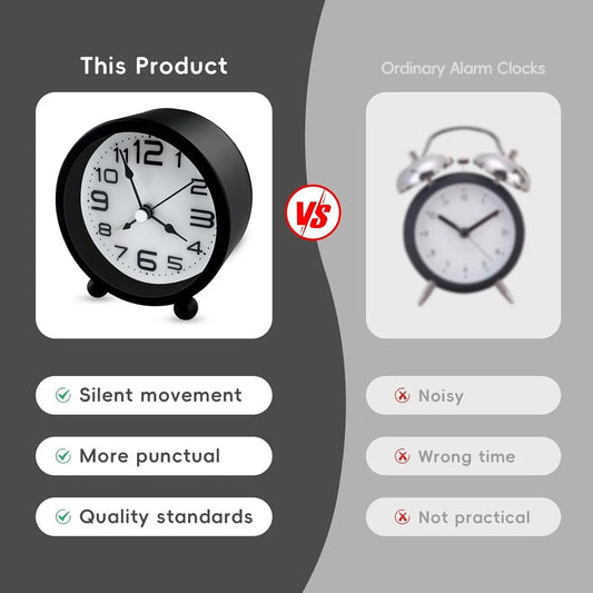 Wekker, analog, silent, no ticking, metal, black, large digits, silent night clock, quartz movement, sweep frequency, battery operated, portable alarm clock for bedroom, living room - Image 3