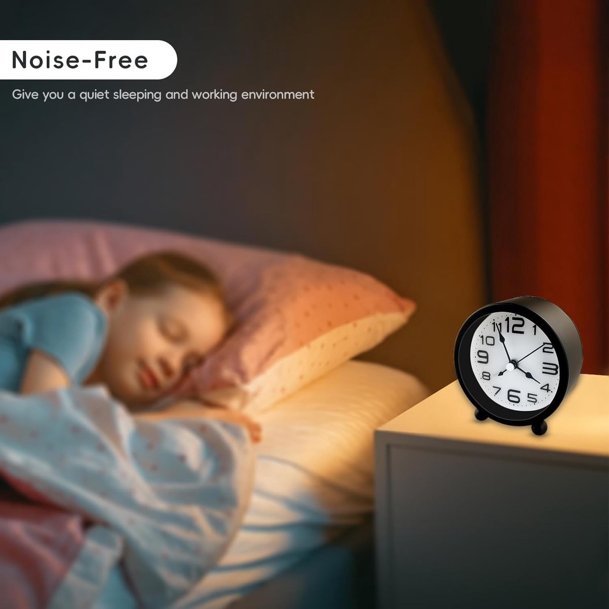 Wekker, analog, silent, no ticking, metal, black, large digits, silent night clock, quartz movement, sweep frequency, battery operated, portable alarm clock for bedroom, living room - Image 4