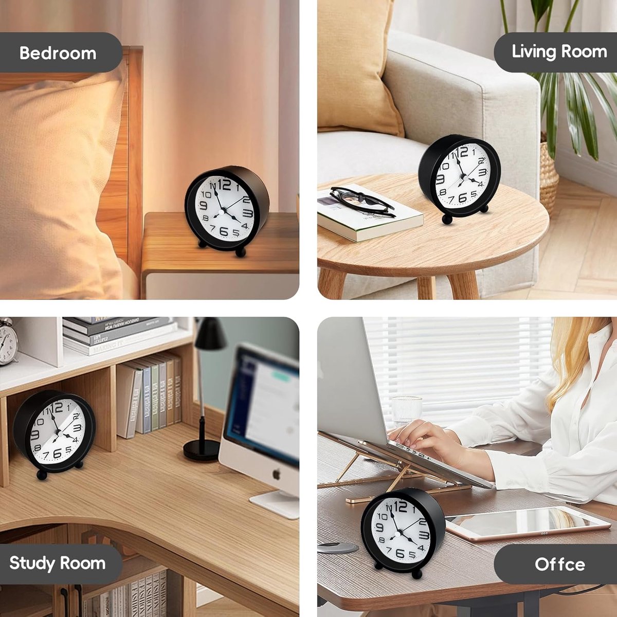 Wekker, analog, silent, no ticking, metal, black, large digits, silent night clock, quartz movement, sweep frequency, battery operated, portable alarm clock for bedroom, living room - Image 5