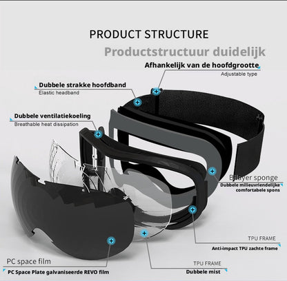 Ski goggles to wear over glasses, with double-layered lenses, anti-fog treatment and UV protection. Suitable for men, women and teenagers who ski and snowmobile. - Image 5