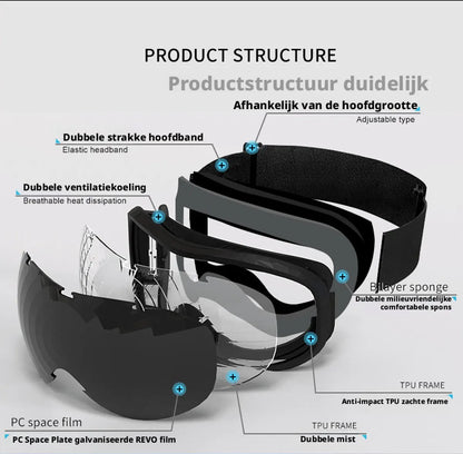 Ski goggles to wear over glasses, with double-layered lenses, anti-fog treatment and UV protection. Suitable for men, women and teenagers who ski and snowmobile. - Image 5