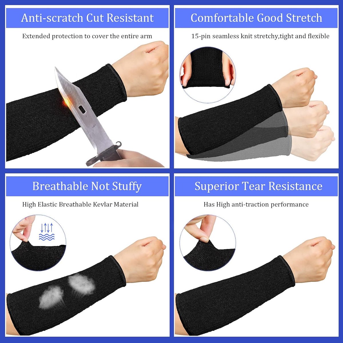 3 pairs of arm protectors for thin skin and bruises, cut-resistant forearm sleeves, level 5 burn protection (7.9 inches) - Black + Gray + Blue - Image 2