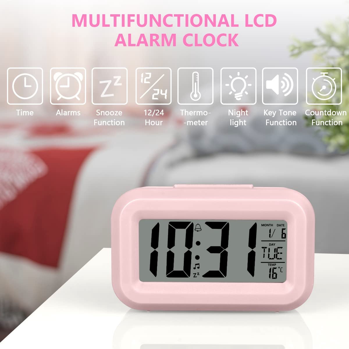 Wekker Digital Alarm Clock - Children's Clock - Wekker - Wekker Children's Alarm Clock - Travel Alarm Clock - LED Display Clock - Adjustable 12/24 Hour Snooze Function, Temperature, Date, Time - Portable Alarm Clock - Pink - Image 5