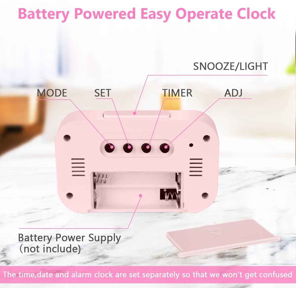 Wekker Digital Alarm Clock - Children's Clock - Wekker - Wekker Children's Alarm Clock - Travel Alarm Clock - LED Display Clock - Adjustable 12/24 Hour Snooze Function, Temperature, Date, Time - Portable Alarm Clock - Pink - Image 7