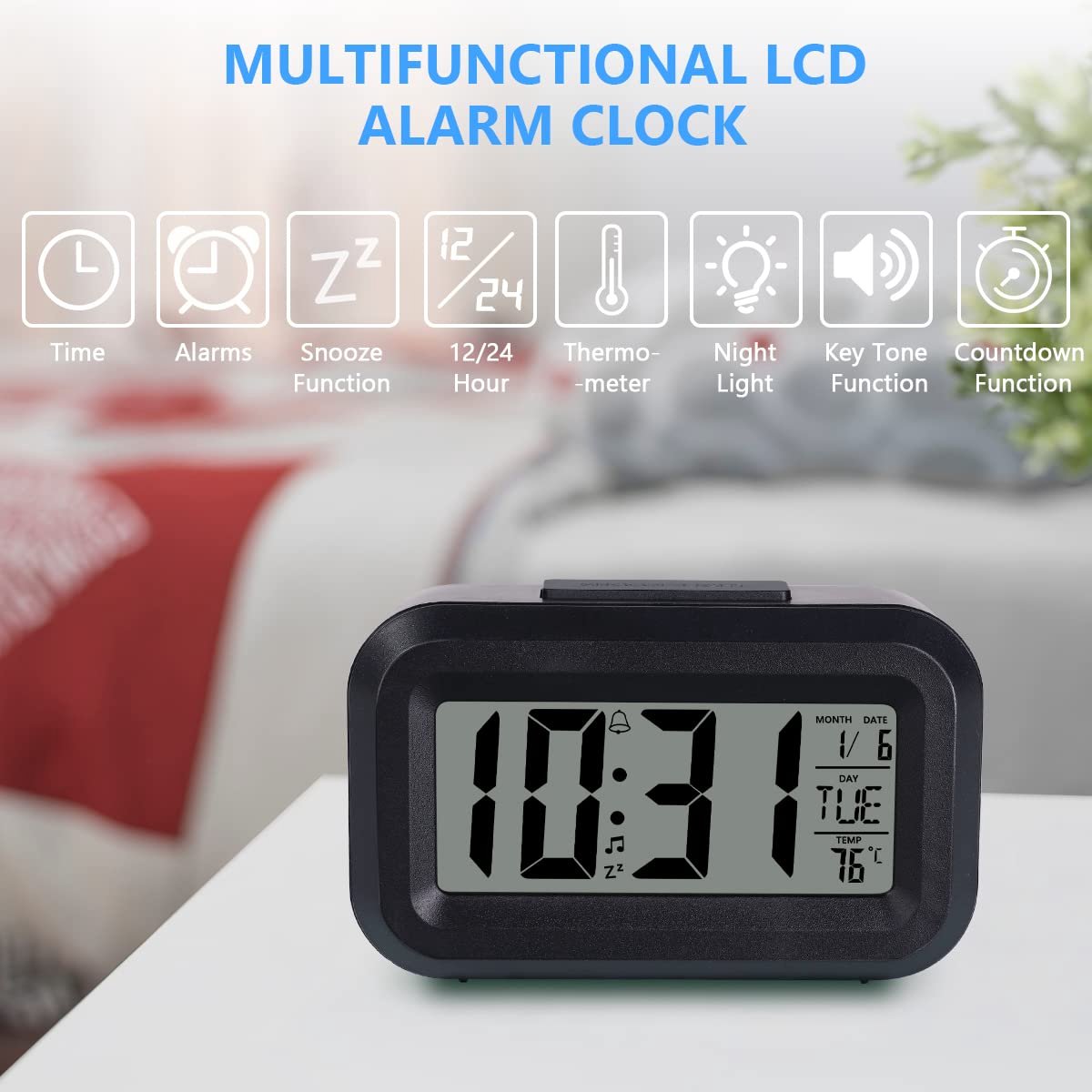 Wekker Digital Alarm Clock - Children's Clock - Wekker - Wekker Children's Alarm Clock - Travel Alarm Clock - LED Display Clock - Adjustable 12/24 Hour Snooze Function, Temperature, Date, Time - Portable Alarm Clock - Black - Image 5