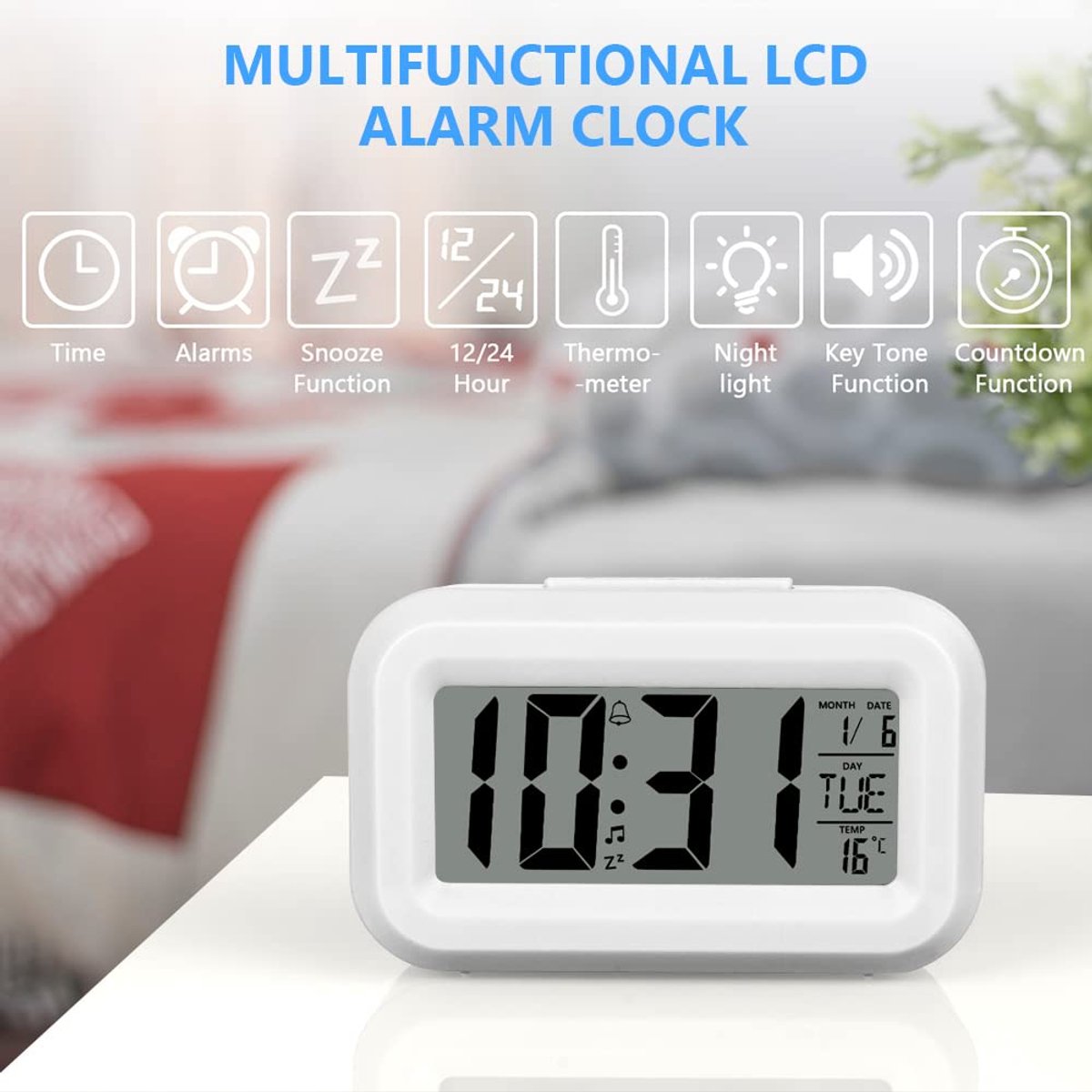 Wekker Digital - Klok Children's - Wekker - Wekker Children's - Alarm Clock - Travel Alarm Clock - LED Display Clock - Adjustable 12/24 Hour Snooze Function, Temperature, Date, Time - Portable Alarm Clock - Wit - Image 5