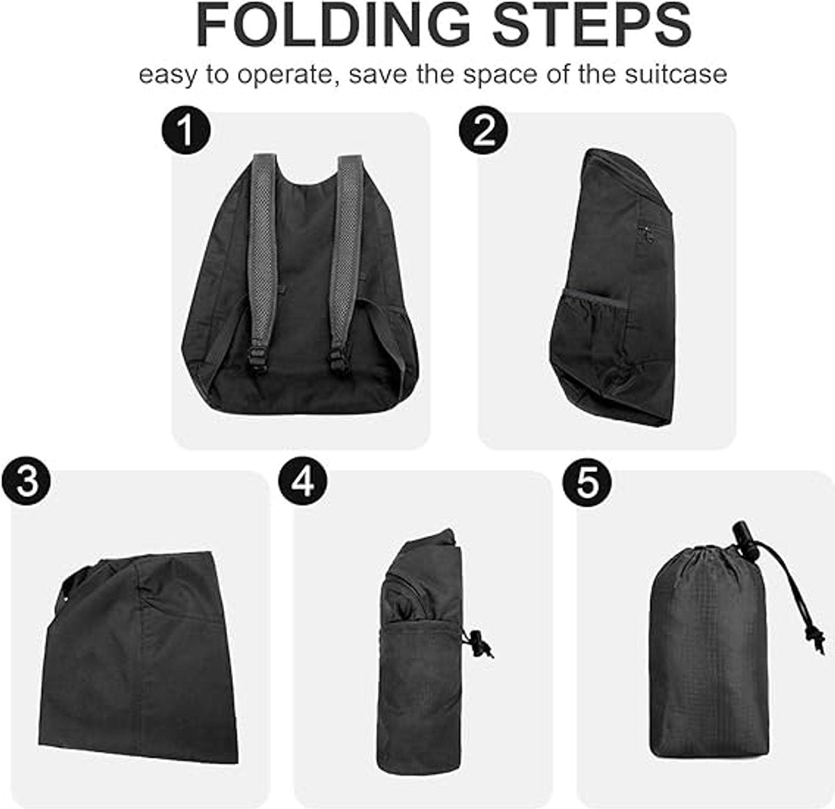 Backpack - Bag - Ultralight foldable backpack - Backpacks - Waterproof canvas, large capacity - Suitable for travel, hiking, camping, cycling, outdoor sports, Unisex, Black, One size - Image 5