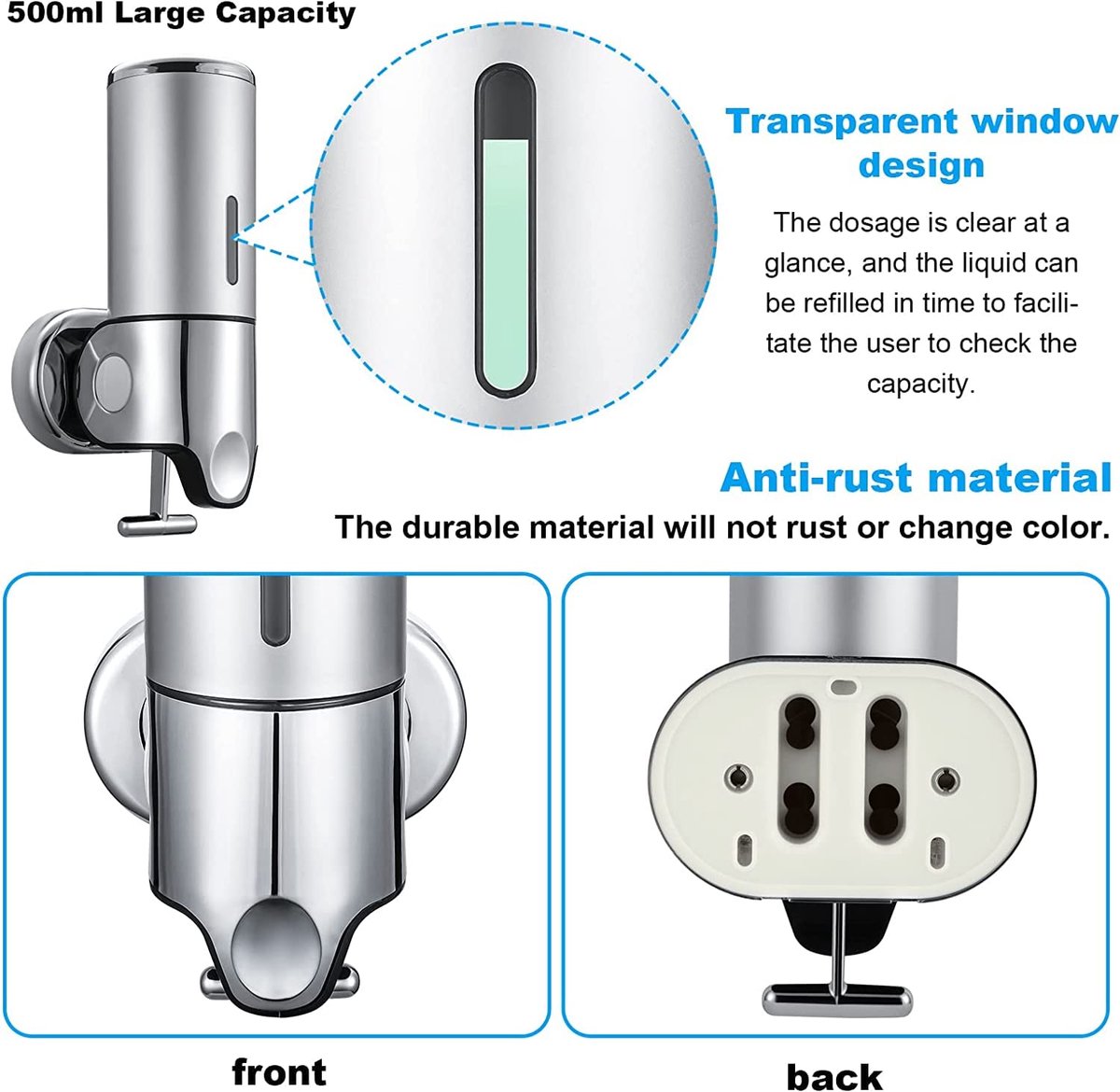 Soap dispenser - Wall-mounted soap dispenser - Soap dispenser - 500ml pump - Suspended - Brushed stainless steel - Bathroom - Toilet - Shower - Black - Image 2