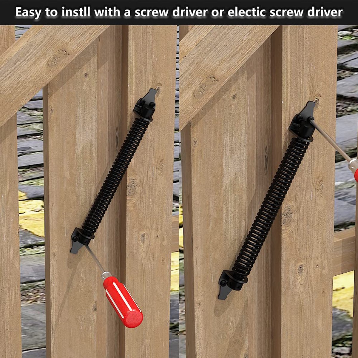 Door closer - Door spring - 36 cm - Outdoor door closer - Gate locks - Garden gate spring - Black - Carbon steel - For wooden fence gates - With mounting accessories - Image 6