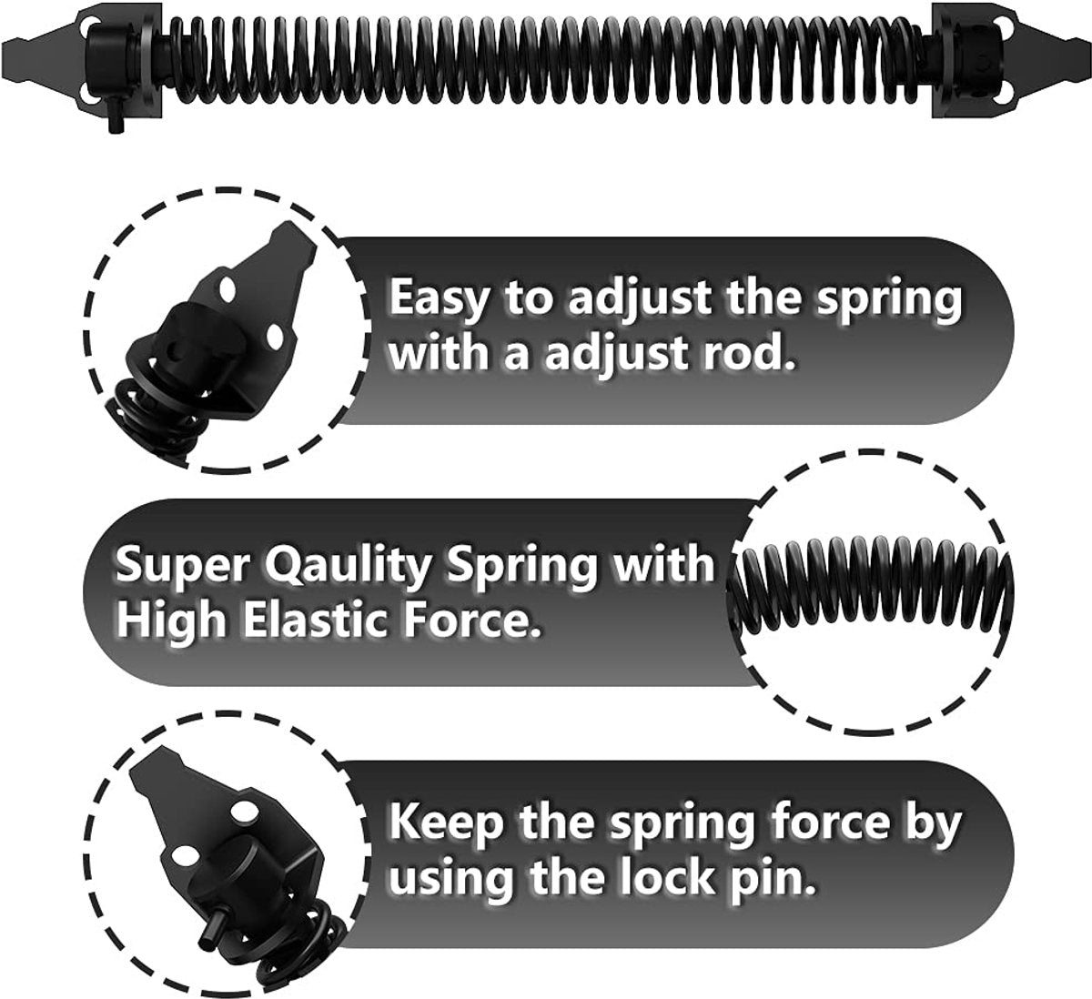 Door closer - Door spring - 36 cm - Outdoor door closer - Gate locks - Garden gate spring - Black - Carbon steel - For wooden fence gates - With mounting accessories - Image 8