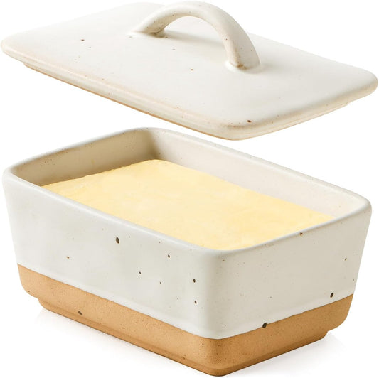 Ceramic butter dish with lid for countertop use, vintage European butter dish with lid, covered butter dish, suitable for 1 stick (white, uniform size)