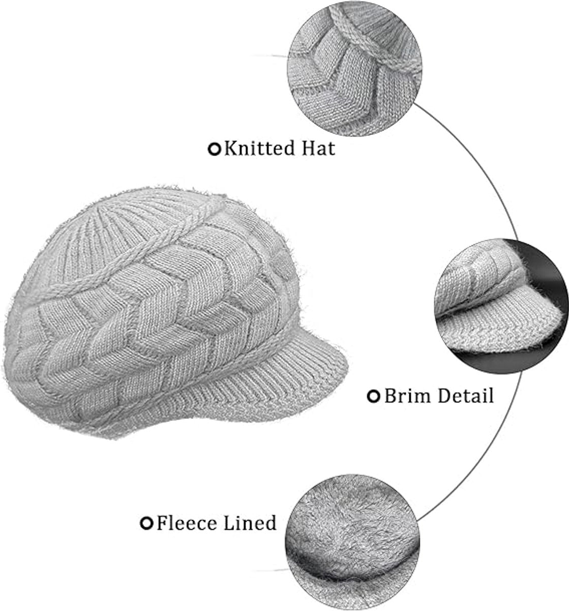 Hats - Women's Hats - Winter Hats - Knitted Beanie - Women's Wool Beanie - Warm Wool Knitted Beanie - With Visor - Newsboy Cap - Warm Fleece Lining - Skiing - Walking - Everyday Casual Wear - Image 2