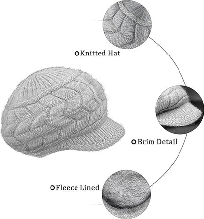 Hats - Women's Hats - Winter Hats - Knitted Beanie - Women's Wool Beanie - Warm Wool Knitted Beanie - With Visor - Newsboy Cap - Warm Fleece Lining - Skiing - Walking - Everyday Casual Wear - Image 2