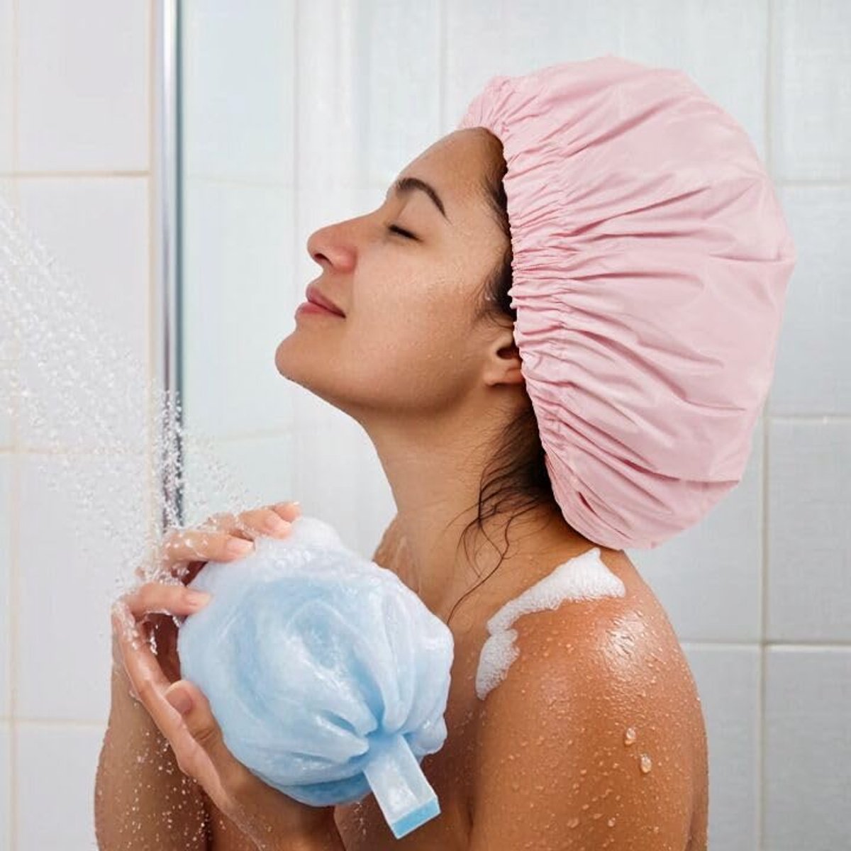 Swimming Cap - Women's Shower Cap - Large Waterproof Shower Cap - Washable Elastic Band - Swimming Cap for Long Hair - Droog Hair - Pink - Perfect for the Bathroom, Travel and Outdoors - Image 5