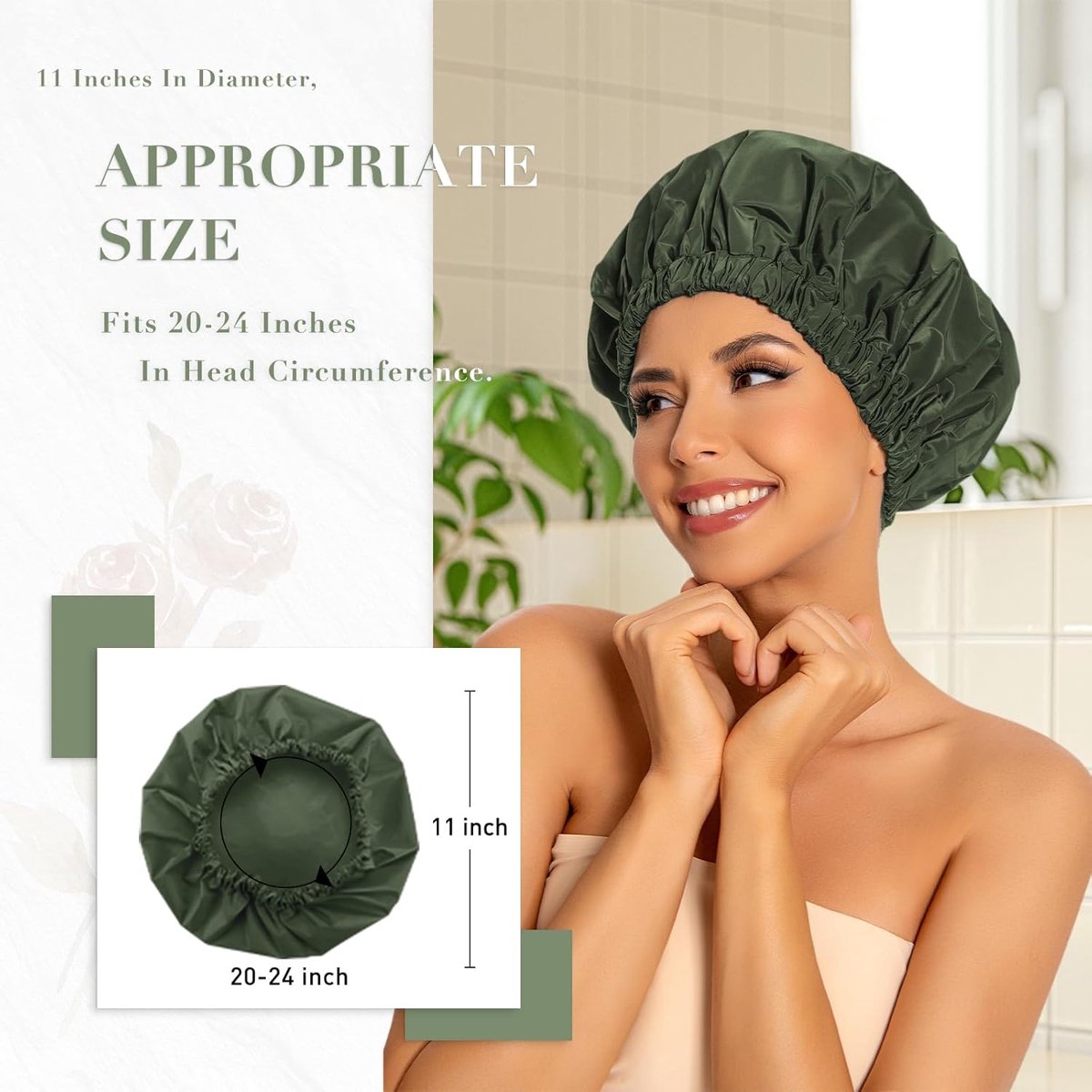 Swimming Cap - Women's Shower Cap - Large Waterproof Shower Cap - Washable Elastic Band - Swimming Cap for Long Hair - Drowsy Hair - Light Green - Perfect for Bathroom - Travel - Outdoors - Image 2