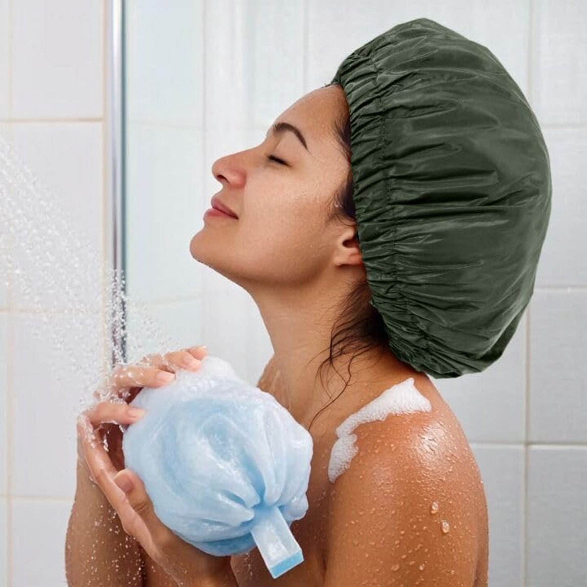 Swimming Cap - Women's Shower Cap - Large Waterproof Shower Cap - Washable Elastic Band - Swimming Cap for Long Hair - Drowsy Hair - Light Green - Perfect for Bathroom - Travel - Outdoors - Image 5