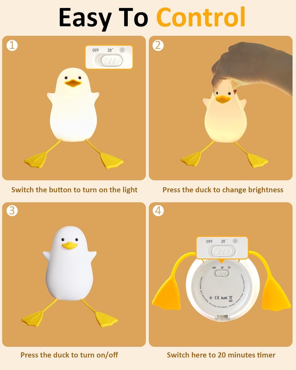 Cute Yellow Duck Night Light - Silicone Night Light for Children - Dimmable Touch Control with Timer - Baby Care Night Light - USB Rechargeable LED Bedside Lamp - Suitable for Bedroom and Nursery Decoration - Image 3
