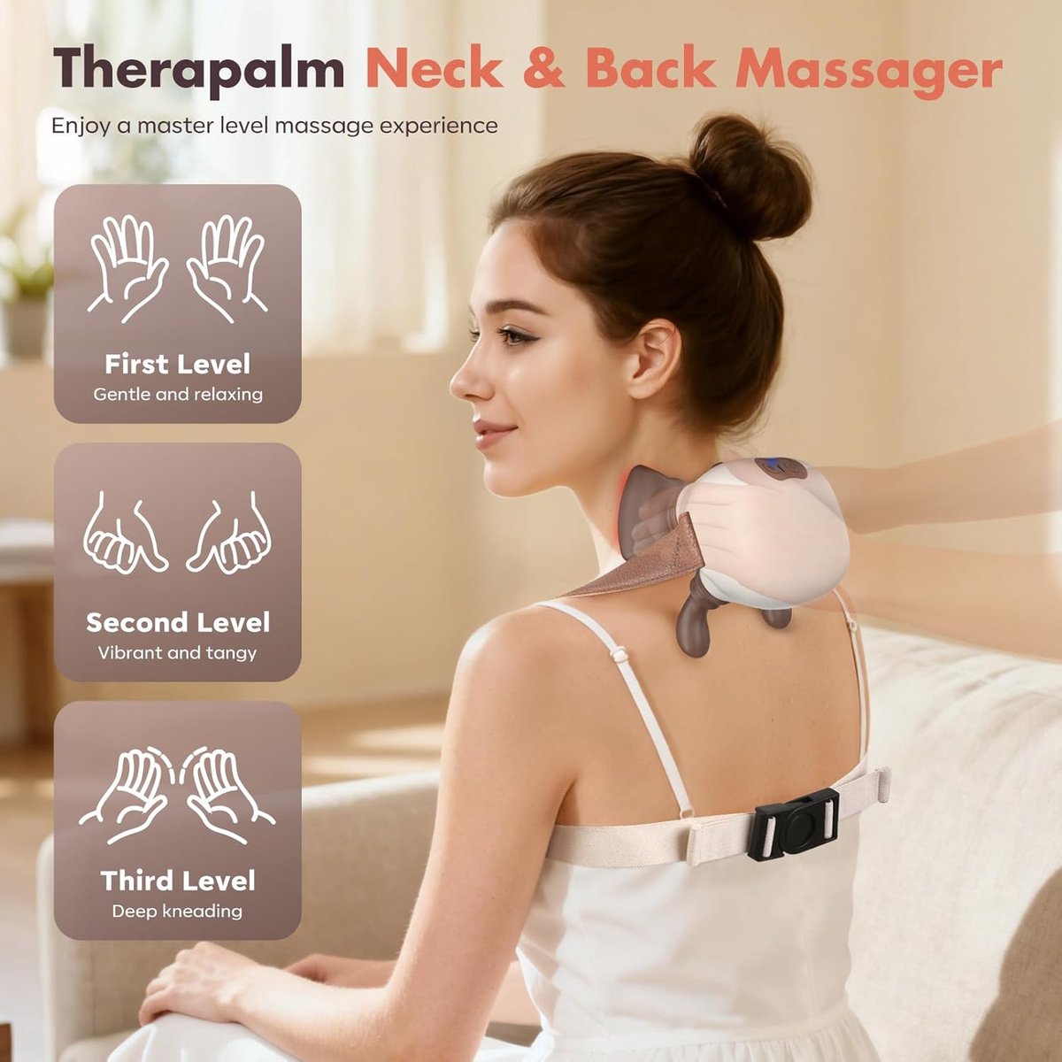 4D neck massager, shoulder massager with heating, a cordless and portable massager that simulates manipulation by a human hand, suitable for relieving neck pain and relaxing muscles, with 3 adjustable levels. (Wit) - Image 4
