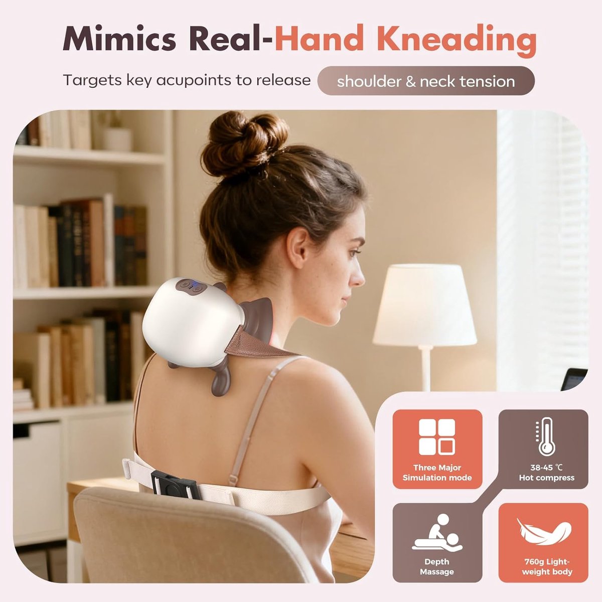 4D neck massager, shoulder massager with heating, a cordless and portable massager that simulates manipulation by a human hand, suitable for relieving neck pain and relaxing muscles, with 3 adjustable levels. (Wit) - Image 7