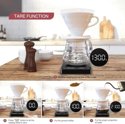 Coffee Scale - Digital Coffee Scale with Timer - Rechargeable for Filter Coffee, 3 kg / 0 g Digital Espresso Scale - with Peeling Function - 3 Units, LED Display - Black - Image 2