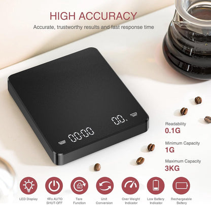Coffee Scale - Digital Coffee Scale with Timer - Rechargeable for Filter Coffee, 3 kg / 0 g Digital Espresso Scale - with Peeling Function - 3 Units, LED Display - Black - Image 3