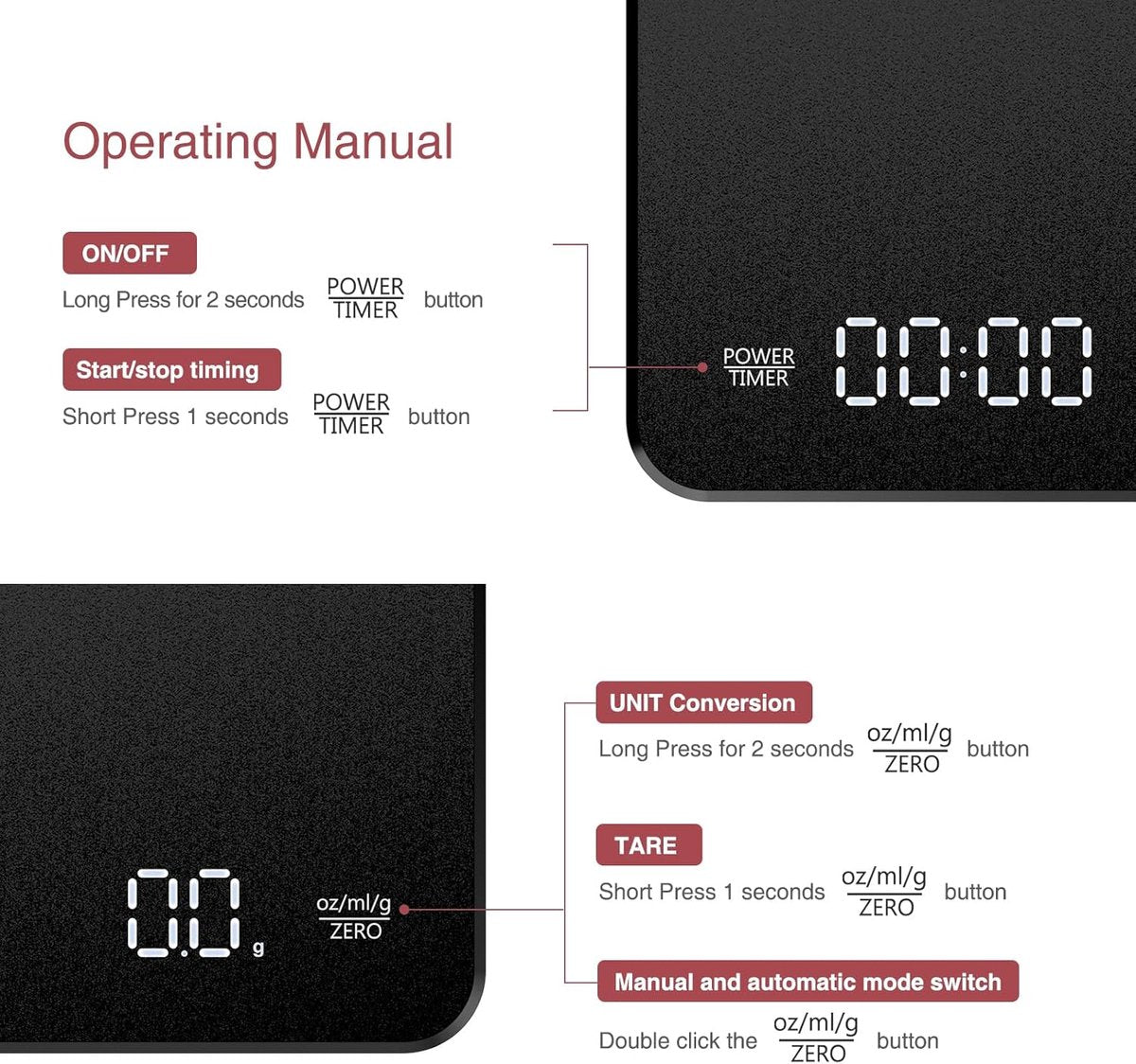Coffee Scale - Digital Coffee Scale with Timer - Rechargeable for Filter Coffee, 3 kg / 0 g Digital Espresso Scale - with Peeling Function - 3 Units, LED Display - Black - Image 4