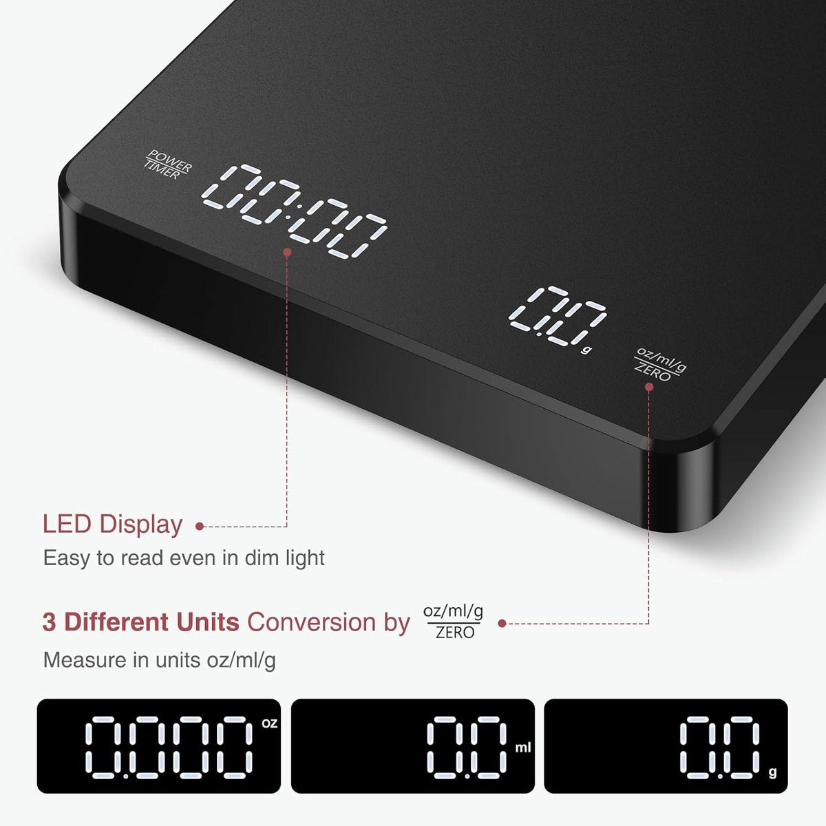 Coffee Scale - Digital Coffee Scale with Timer - Rechargeable for Filter Coffee, 3 kg / 0 g Digital Espresso Scale - with Peeling Function - 3 Units, LED Display - Black - Image 6