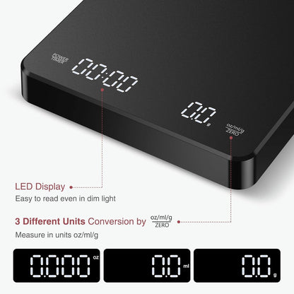 Coffee Scale - Digital Coffee Scale with Timer - Rechargeable for Filter Coffee, 3 kg / 0 g Digital Espresso Scale - with Peeling Function - 3 Units, LED Display - Black - Image 6