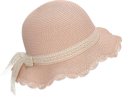 Lace straw hat - trendy hat with scalloped brim and kanten ribbon - sun hat for girls - UV 50+ protection hat - headwear for babies and children - beach hat