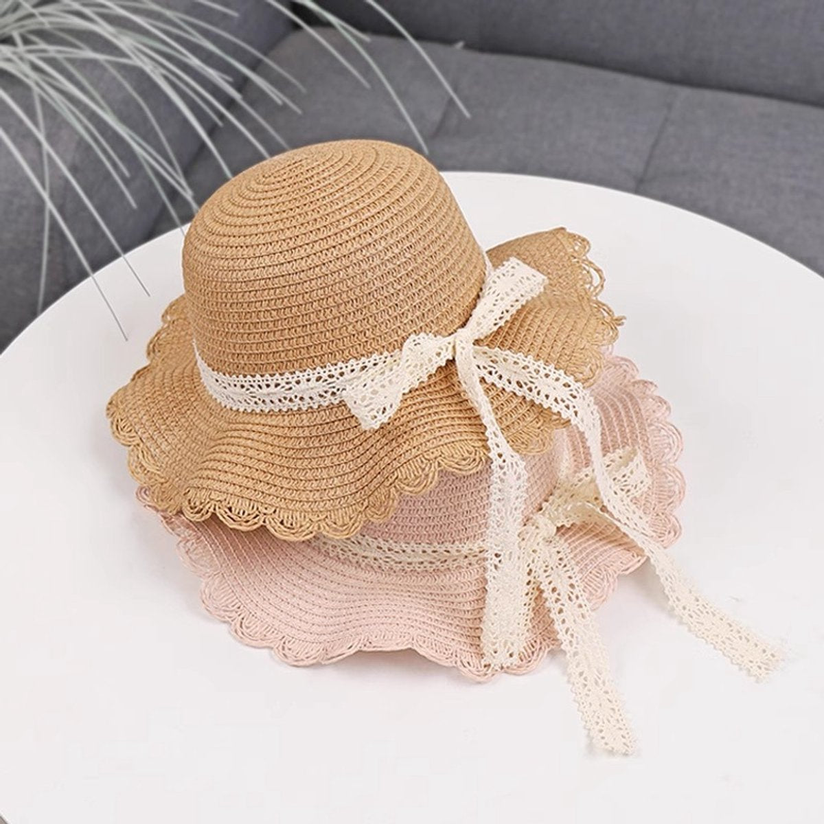 Lace straw hat - trendy hat with scalloped brim and kanten ribbon - sun hat for girls - UV 50+ protection hat - headwear for babies and children - beach hat - Image 2
