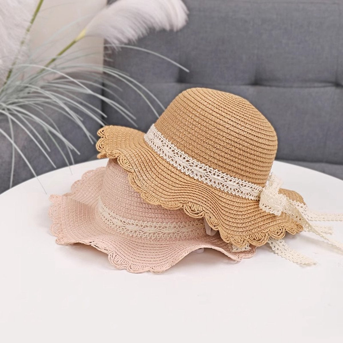 Lace straw hat - trendy hat with scalloped brim and kanten ribbon - sun hat for girls - UV 50+ protection hat - headwear for babies and children - beach hat - Image 4
