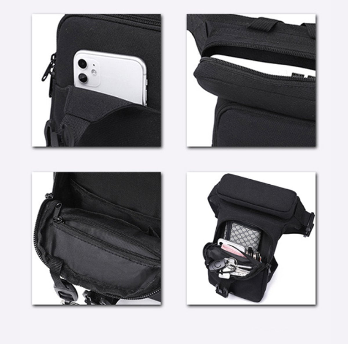 Fanny pack - Leg bag - Motorcycle fanny pack - Motorcycle bag - Tactical leg bag - Tool bag - Unisex - Black - Large capacity - 16 x 5 x 29 cm - 4 compartments - Polyester - Image 4