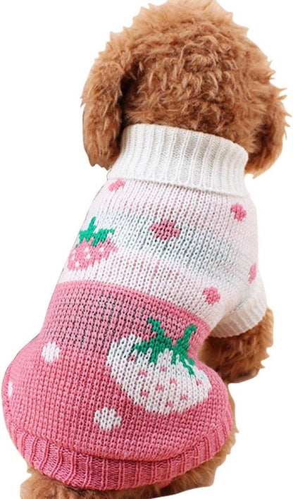 Dog Coat - Dog Sweater - Dog Pullover - Classic Turtleneck Knit Dog Sweater - Warm Winter Dog Clothes - Cute Strawberry Heart Pattern - Perfect for Small and Medium Dogs - Pink - Size S