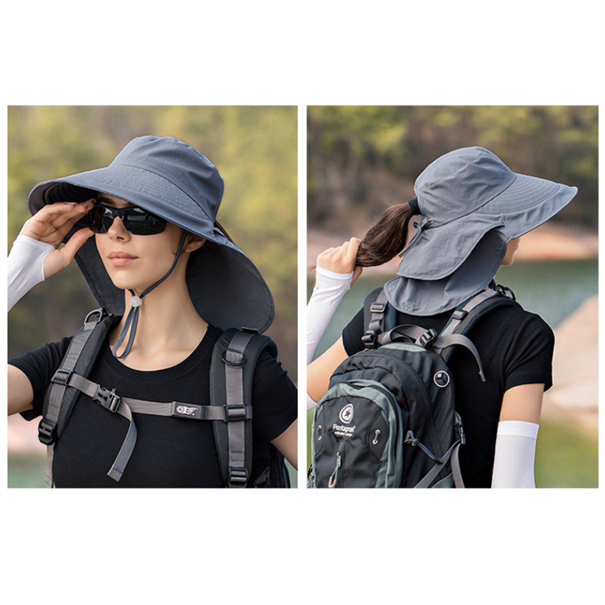 Women's and Men's Sun Hat - Foldable Garden Hat - Wide Brim with Neck Flap - With Chin Strap - For Outdoor Activities and Gardening - Dark Grey - 1 Piece - Image 3